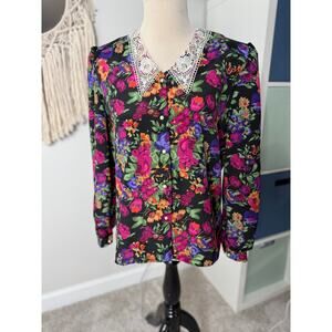 Women's Vintage Pink Black Pearl Button Lace Collar Grandmacore Floral Top S